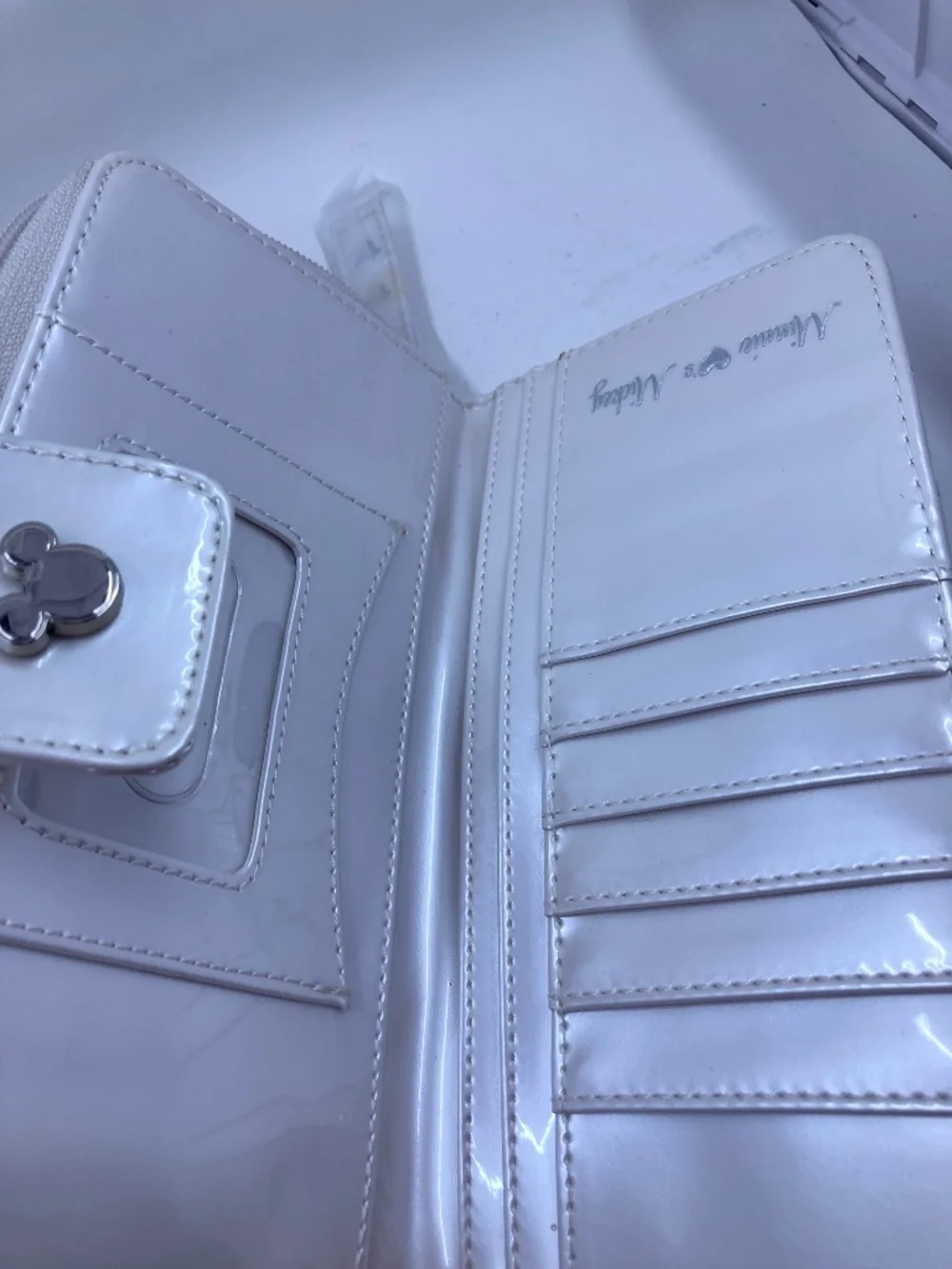 Disney Wallet White Pearlescent Loungefly Mickey and Minnie Icons NWT Some Marks